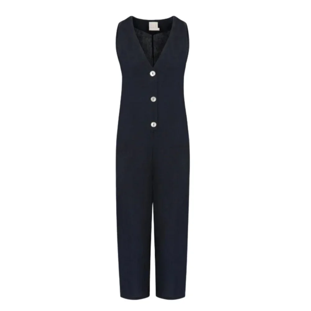 DOR Raw Small Luxury Linen Navy Blue Wide Leg Maggiore Lake Resort Jumpsuit - Picture 4 of 13
